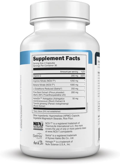 Transparent Labs Nitric Oxide - Nitric Oxide Booster for Men and Women with Arginine Nitrate, Betaine Nitrate, Pine Bark Extract, and Astragin for Nitric Oxide Flow - 120 Count