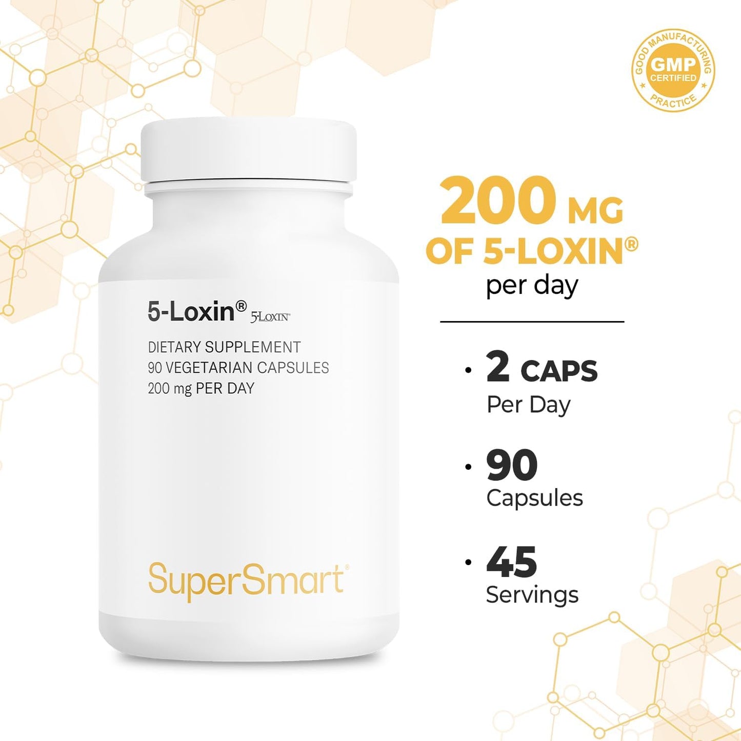 Supersmart - 5-Loxin 200mg per Day (Patented) - AKBA Supplement - 5-Loxin Boswellia Serrata Extract | Non-GMO & Gluten Free - 90 Vegetarian Capsules