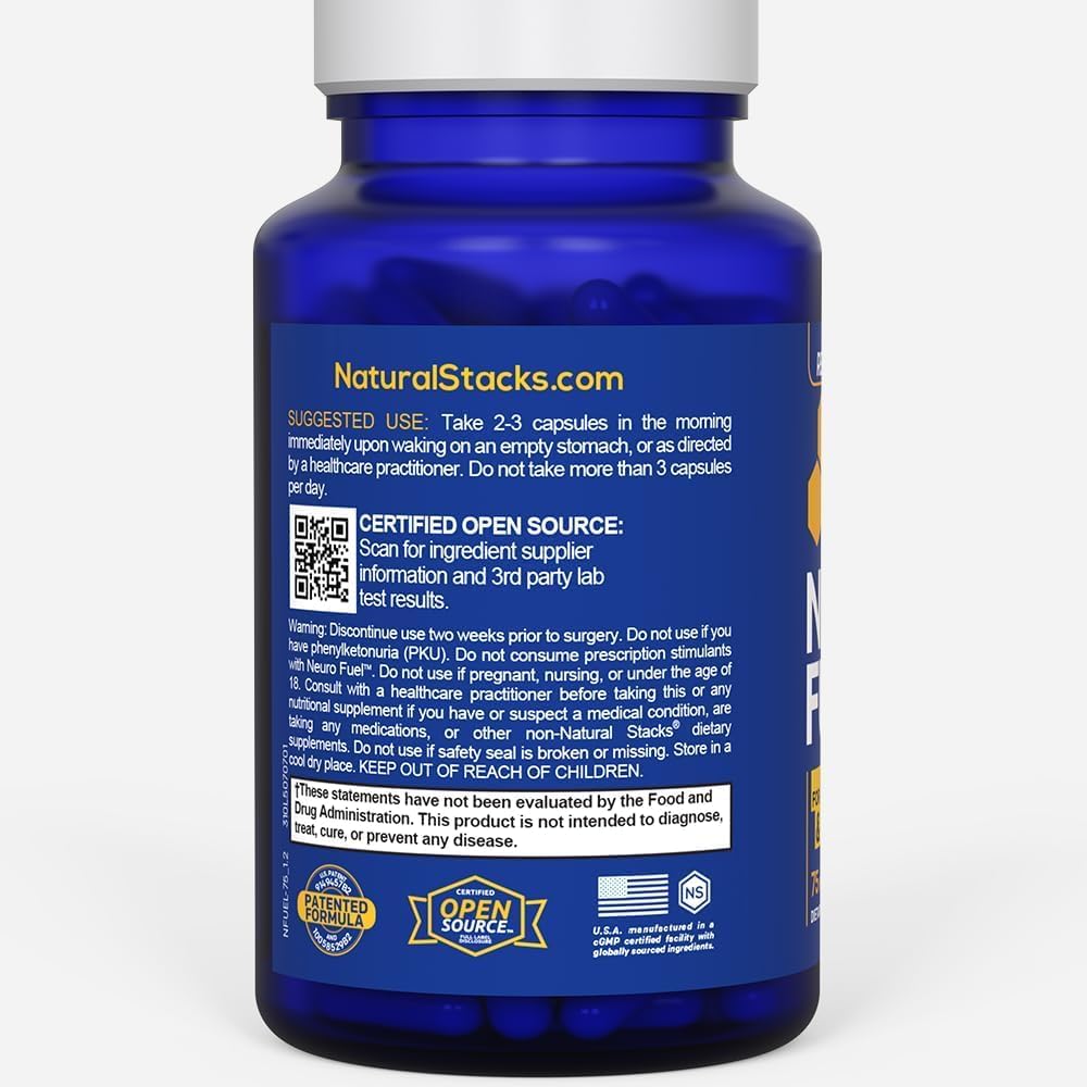 NeuroFuel Nootropic Brain Supplement For Memory And Focus, 75 Capsules | 750mg L-Carnitine and 500mg L-Phenylalanine support mental performance. Take before deep work, study, or creative time.