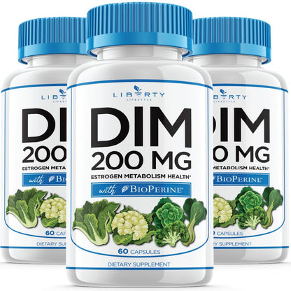 Liberty Lifestyle DIM Supplement 200mg - DIM Diindolylmethane Plus BioPerine - Estrogen Balance, Hormone Menopause Relief, Acne Treatment, Vegan - 120 Count