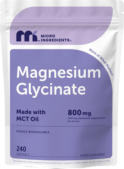 Micro Ingredients Magnesium Glycinate 800 mg Per Serving, 240 Softgels | Chelated Magnesium Supplement with MCT Oil | Non-GMO, Gluten Free, No Soy