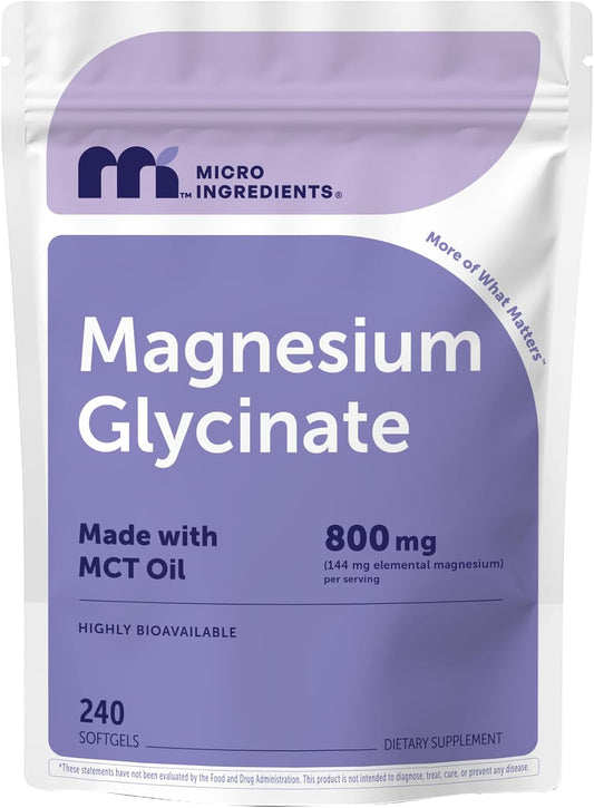 Micro Ingredients Magnesium Glycinate 800 mg Per Serving, 240 Softgels | Chelated Magnesium Supplement with MCT Oil | Non-GMO, Gluten Free, No Soy