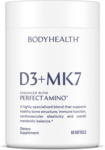 BodyHealth D3 + MK7 - Vitamin D3 5000IU, Vitamin K1, Vitamin K2 - Easy to Swallow Supplement, Supports Bone Strength & Calcium Absorbtion* - 60 Softgels