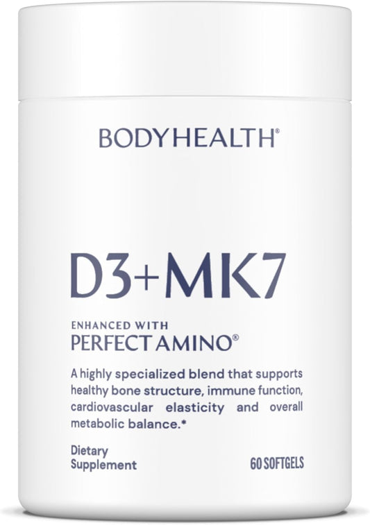 BodyHealth D3 + MK7 - Vitamin D3 5000IU, Vitamin K1, Vitamin K2 - Easy to Swallow Supplement, Supports Bone Strength & Calcium Absorbtion* - 60 Softgels
