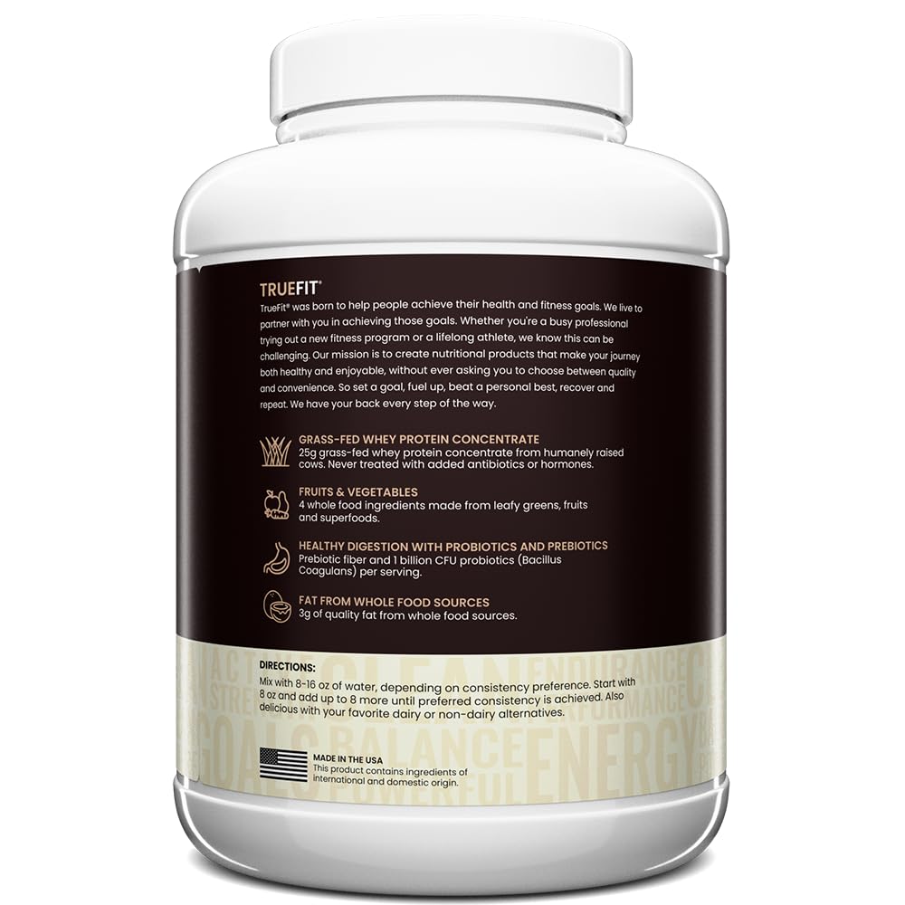 TrueFit Grass-Fed Whey Protein Powder + Fiber & Probiotics, Vanilla Shake | 25g Gut Healthy Protein with Fiber, Probiotics & Non-GMO Superfoods for Complete Meal Replacement Shake with Nothing Fake