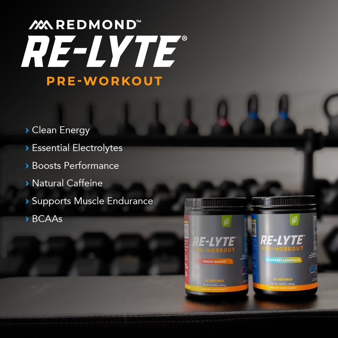 REDMOND Re-Lyte Pre-Workout Drink Mix, Blueberry Lemonade, 15.87oz