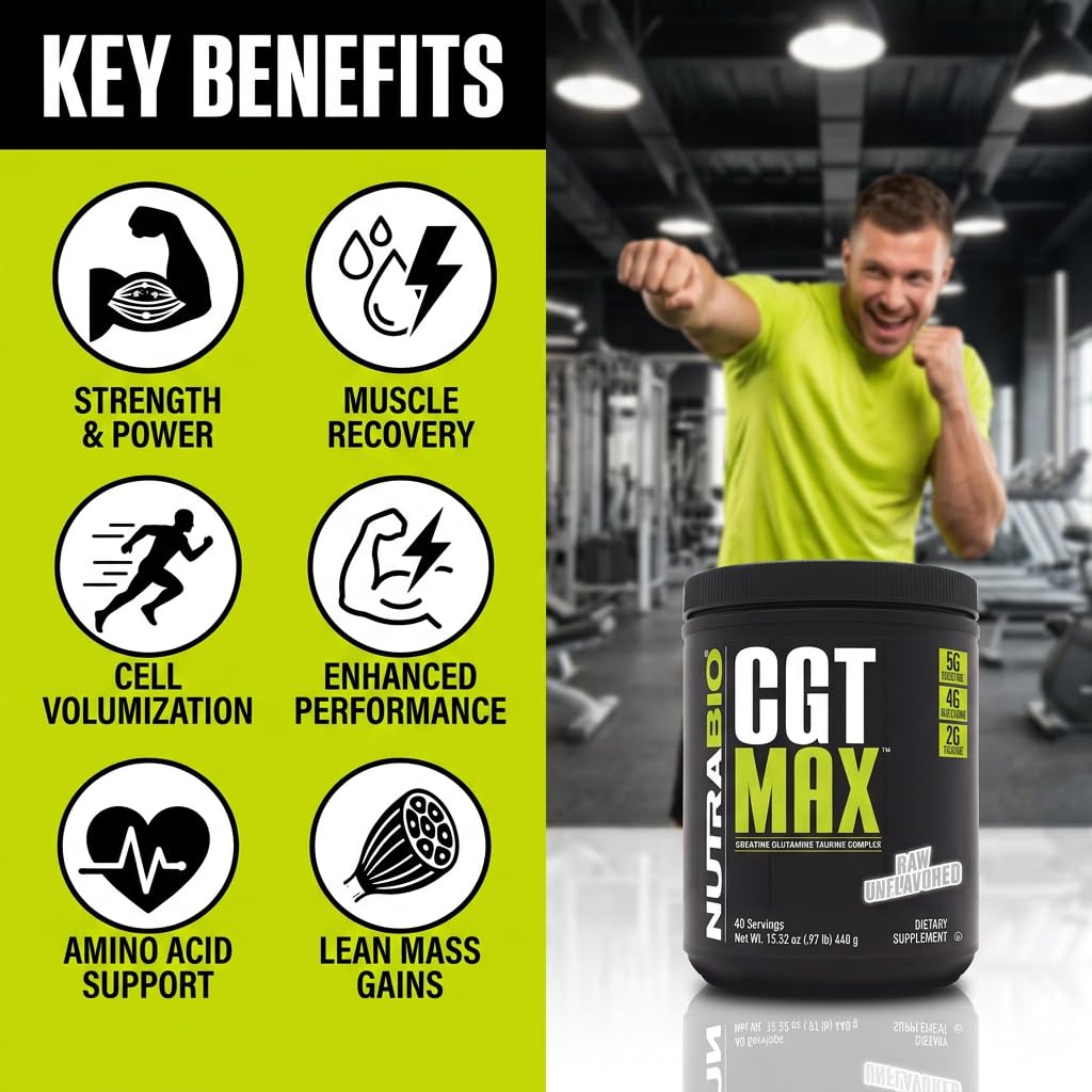 NutraBio CGT-MAX Powder- Creatine, Glutamine and Taurine to Support Muscle Recovery and Strength - 40 Servings - Unflavored