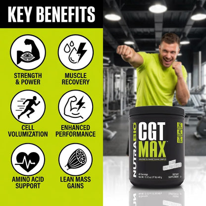 NutraBio CGT-MAX Powder- Creatine, Glutamine and Taurine to Support Muscle Recovery and Strength - 40 Servings - Unflavored