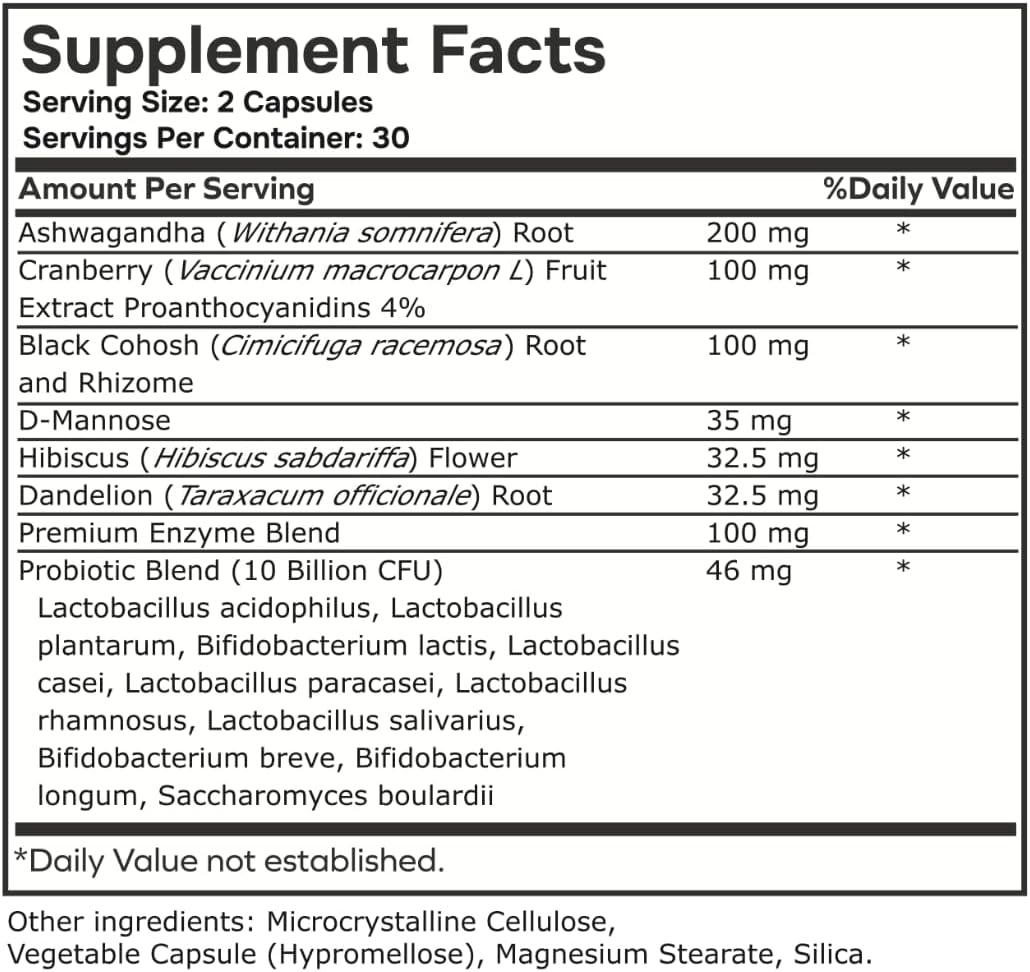 envitamin Probiotic for Women Balance Formula with Ashwagandha, Cranberry, Black Cohosh, D-Mannose, Hibiscus, & Dandelion - Support Your Microbiome