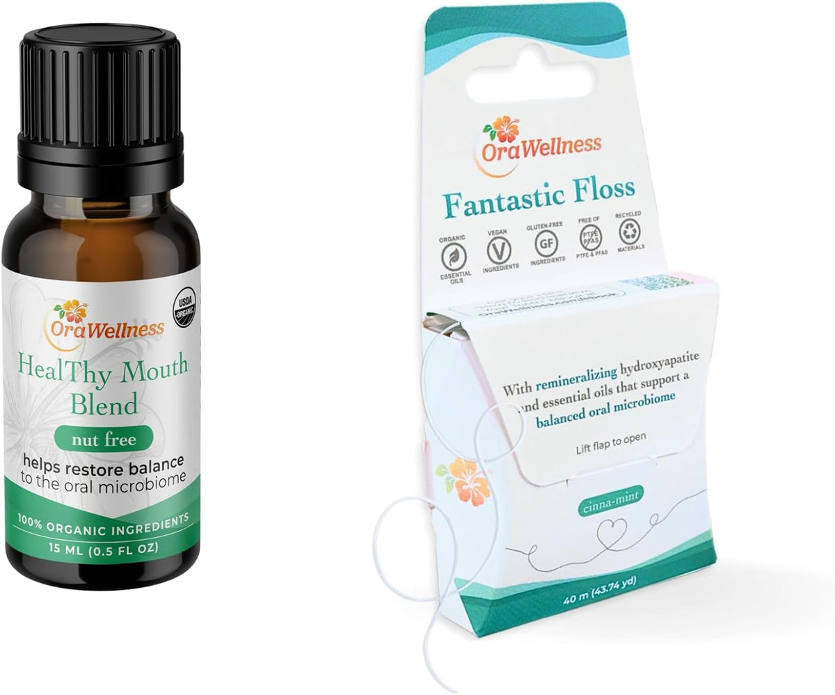 OraWellness Nut Free Healthy Mouth Blend Tooth Oil + Fantastic Floss Waxed Dental Floss with Hydroxyapatite for Tooth & Gum Repair