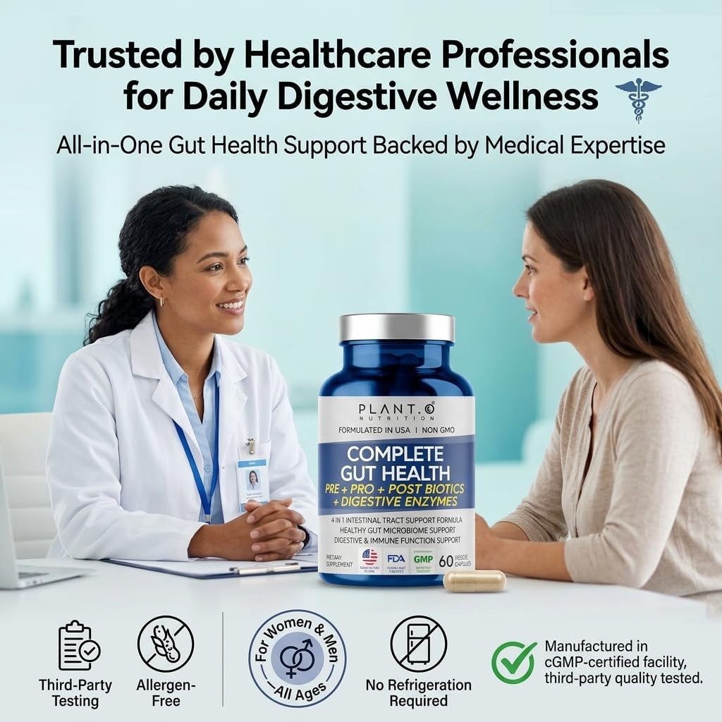 4-in-1 Gut Health Support – Prebiotics + Probiotics + Postbiotics + Digestive Enzymes for Women and Men – DE111 Spore Probiotic for Digestive Support & Bloating – Non-GMO – 60 Veggie Capsules