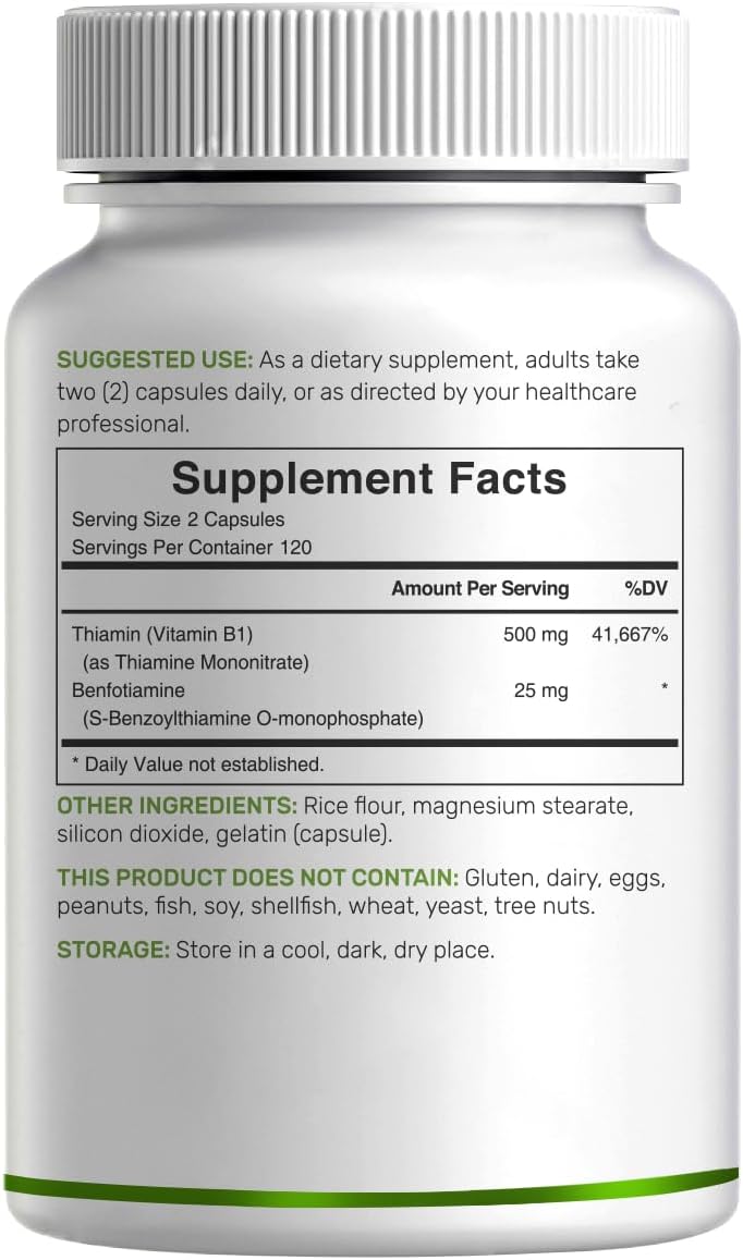 DEAL SUPPLEMENT Vitamin B1 500mg with Benfotiamine, 240 Capsules – 2 in 1 Enhanced Formula – Fat & Water Soluble Thiamine B1 Supplement – Third Party Tested, Non-GMO, No Gluten