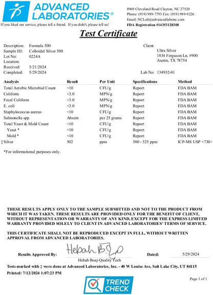 Ultra Silver Colloidal Silver | 500 PPM | 4 Ounce | Fine Mist Spray