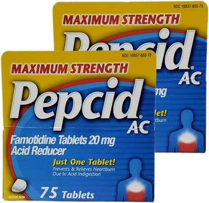 Pepcid AC Maximum Strength - Pack of 2 Boxes - 75 Tablets Per Box - 150 Tablets Total - Prevents & Relieves Heartburn Due to Acid Indigestion & Sour Stomach - 20mg of Famotidine