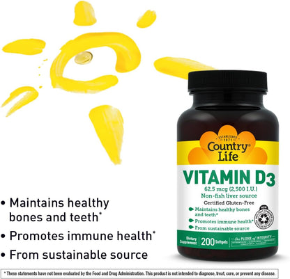 Country Life Vitamin D3 2500 IU – Non-Fish Derived, High Potency Vitamin D3 for Bone Strength, Immune Support & Calcium Absorption – Certified Gluten-Free, 200 Softgels