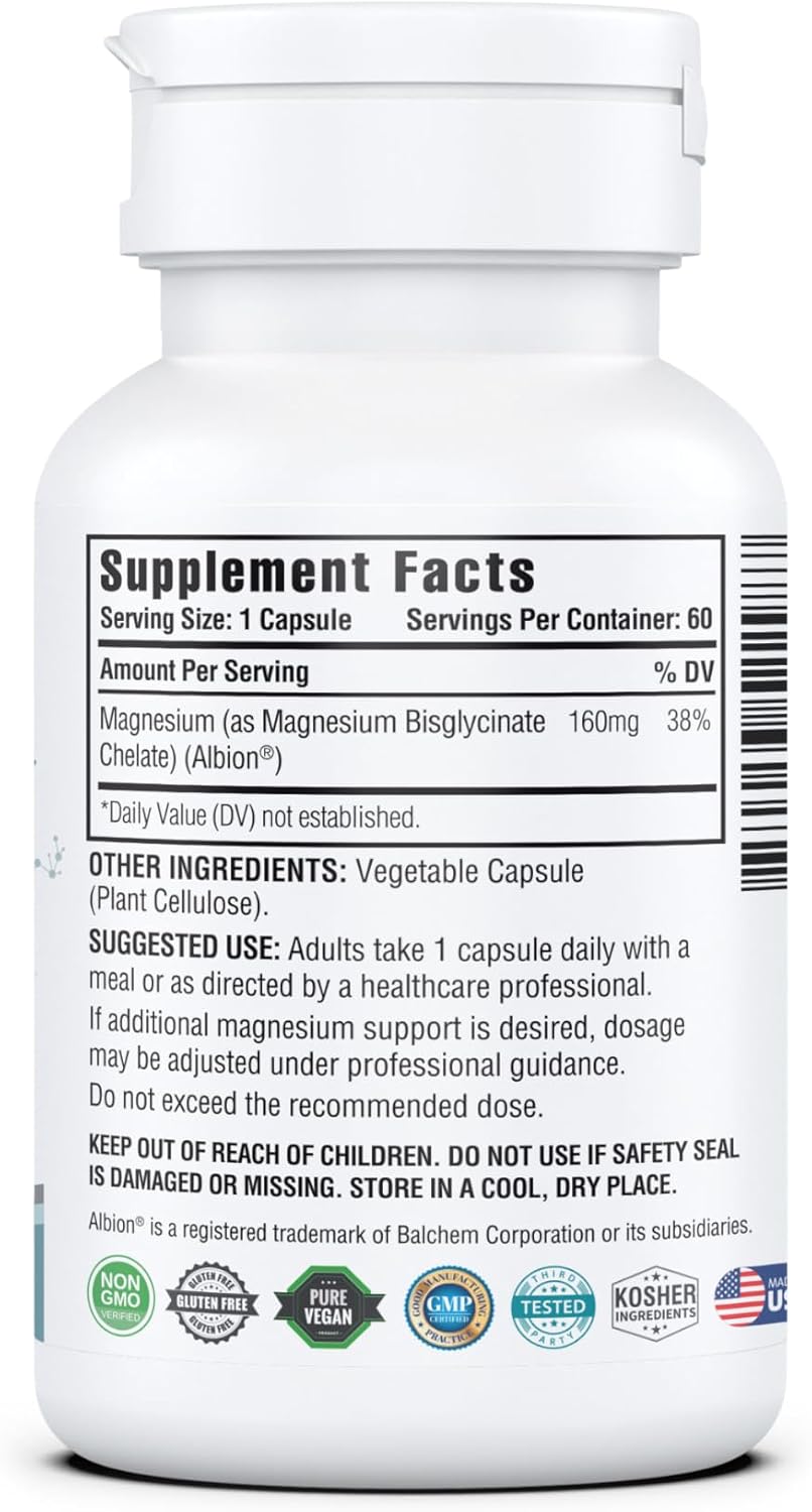 Kappa Nutrition, Magnesium Glycinate 60 Vegan Capsules, 160 mg Elemental | High-Absorption Chelated Magnesium | 1 Capsule Daily | Non-GMO, Vegan, Gluten-Free | Made in USA with Canadian Magnesium