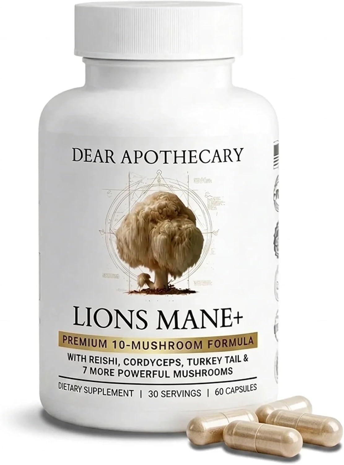 Lions Mane 10x Mushroom Complex 10 in 1, Cordyceps Reishi Shiitake Chaga Maitake Turkey Tail, Brain Focus & Immune Support, 60 Veggie Capsules