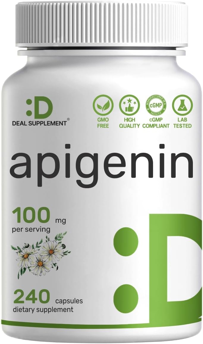 Apigenin, 100mg Per Serving, 240 Capsules – Raw Plant Extract from Chamomile Flower – Active Bioflavonoids & Antioxidants – Sleep & Relaxation Supplement – Non-GMO