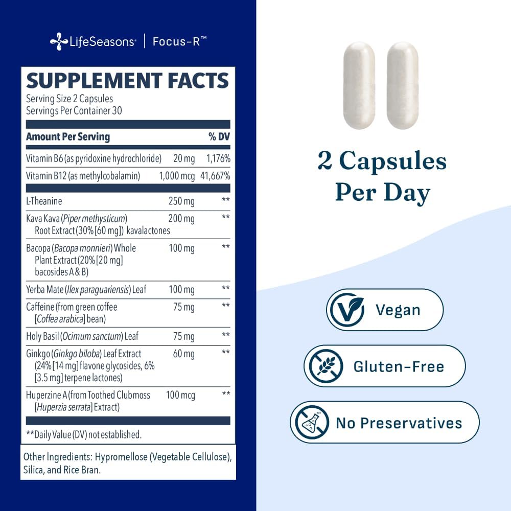 LifeSeasons Focus-R Concentration Support – Memory, Focus & Mental Clarity Supplement with Bacopa, Rhodiola, L-Tyrosine & B Vitamins – Cognitive Performance & Brain Energy – 60 Veg Capsules