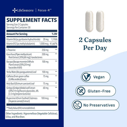 LifeSeasons Focus-R Concentration Support – Memory, Focus & Mental Clarity Supplement with Bacopa, Rhodiola, L-Tyrosine & B Vitamins – Cognitive Performance & Brain Energy – 60 Veg Capsules