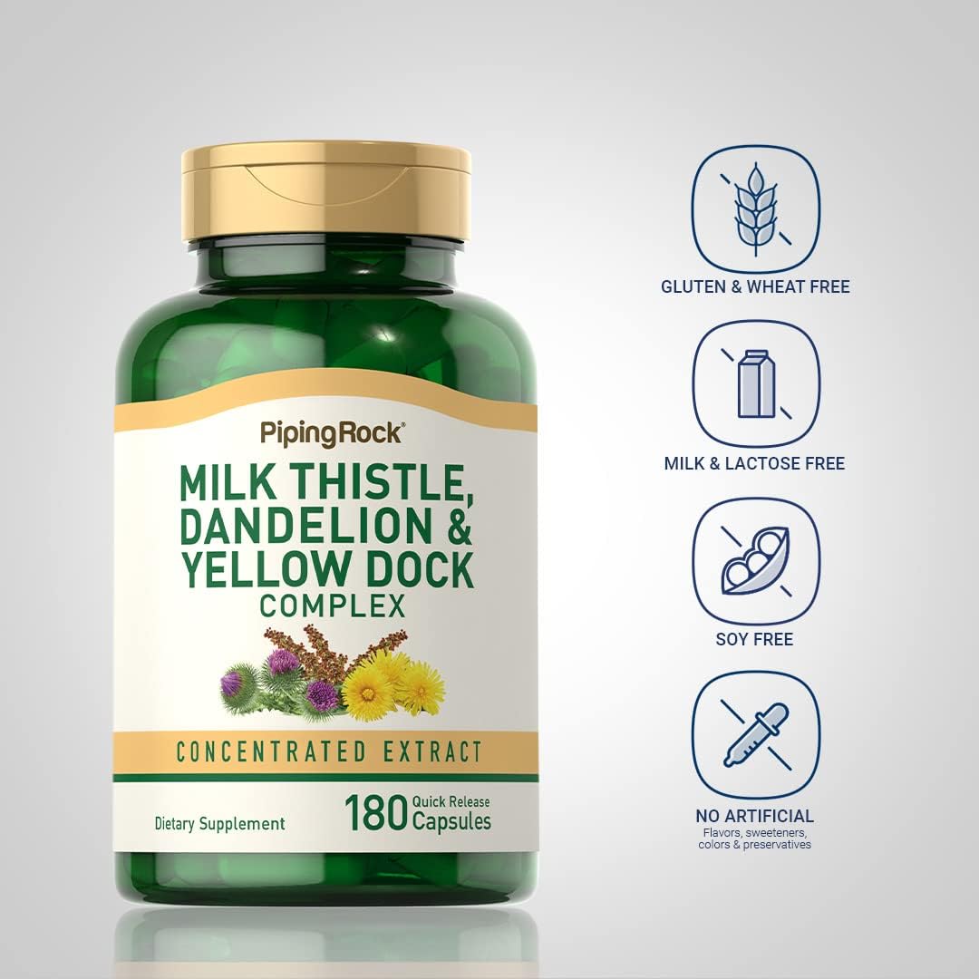 Piping Rock Milk Thistle, Dandelion & Yellow Dock | 180 Capsules | Concentrated Extract Complex | Non-GMO, Gluten Free Supplement
