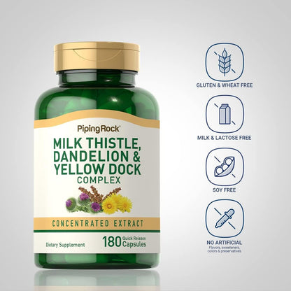 Piping Rock Milk Thistle, Dandelion & Yellow Dock | 180 Capsules | Concentrated Extract Complex | Non-GMO, Gluten Free Supplement