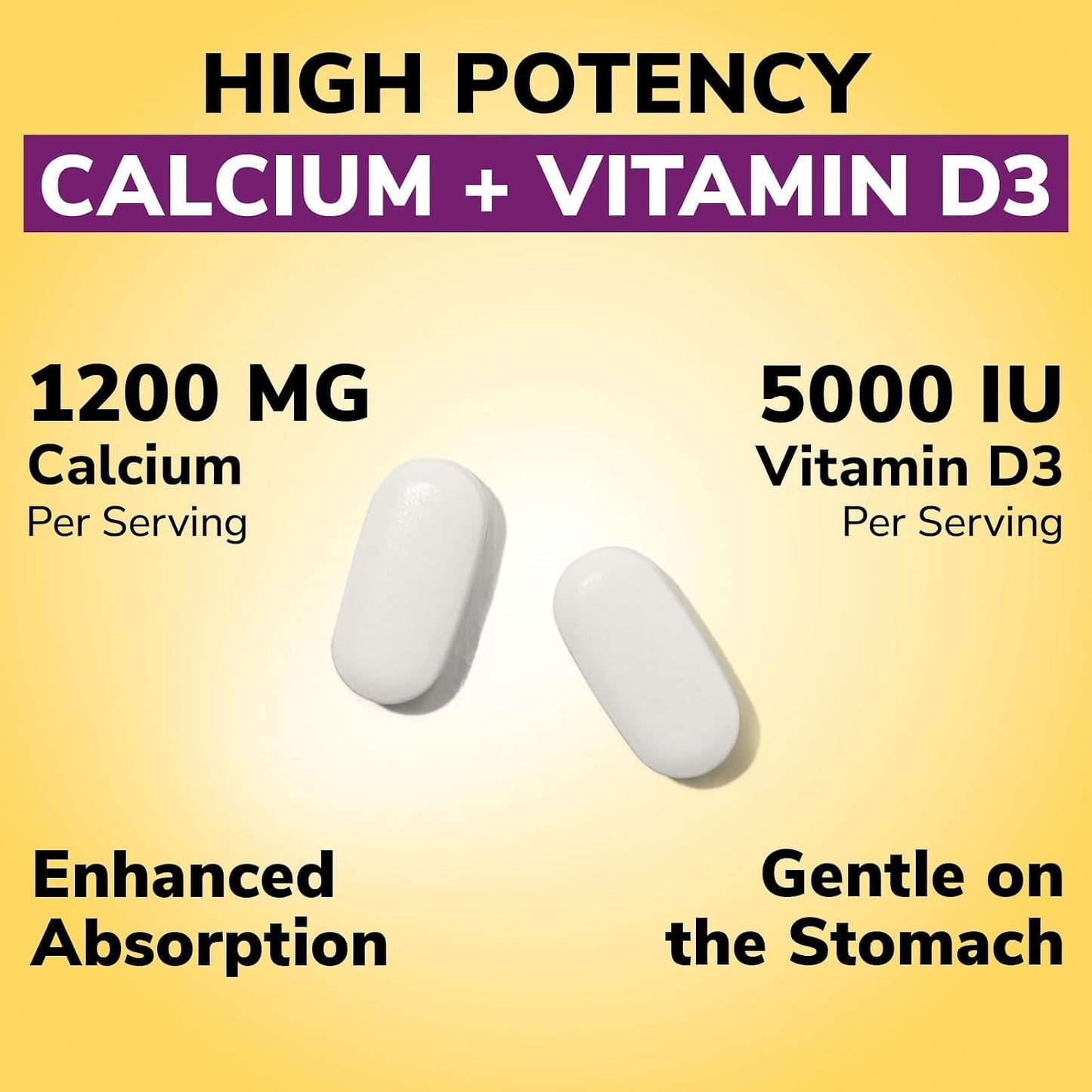 Vitalibre Calcium Supplements for Women, 120 Coated Tablets | Calcium 1200 mg with Vitamin D3 5000IU, Bone Strength Density, Enhanced Absorption Stomach - Friendly Gentle