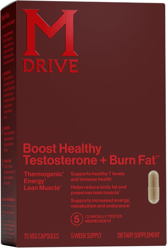 Mdrive Boost and Burn Testosterone Booster & Fat Burner for Men, 75ct | KSM-66 Ashwagandha; Chromax chromium; Thermogenic formula; Boosts energy & endurance; Supports lean muscle; 5 week supply