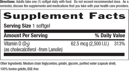 Country Life Vitamin D3 2500 IU – Non-Fish Derived, High Potency Vitamin D3 for Bone Strength, Immune Support & Calcium Absorption – Certified Gluten-Free, 200 Softgels