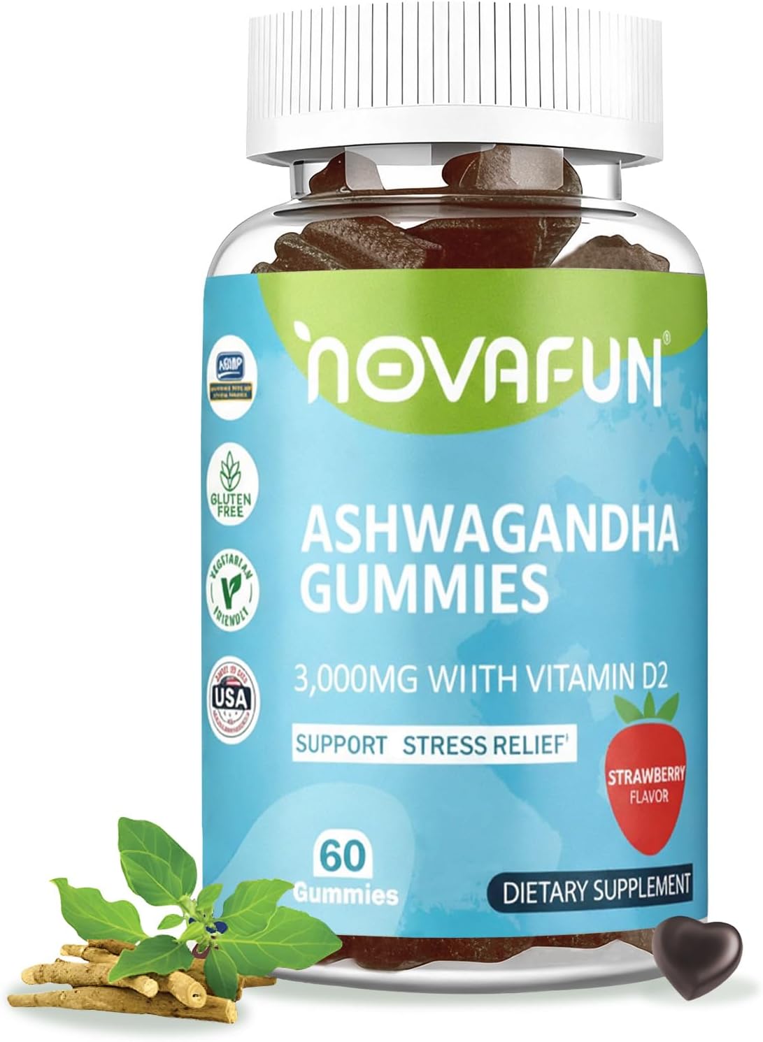 Ashwagandha Gummies with Vitamin D2, 3000mg Ashwagandha for Stress Relief and Immune Support, Vegetarian & Gluten-Free, Strawberry Flavor, 60 Count