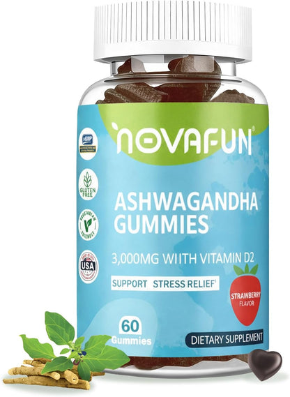 Ashwagandha Gummies with Vitamin D2, 3000mg Ashwagandha for Stress Relief and Immune Support, Vegetarian & Gluten-Free, Strawberry Flavor, 60 Count