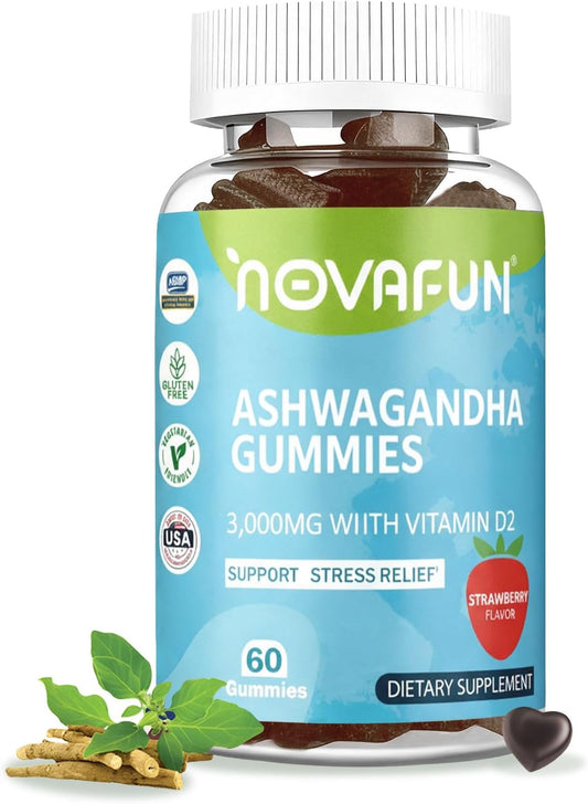 Ashwagandha Gummies with Vitamin D2, 3000mg Ashwagandha for Stress Relief and Immune Support, Vegetarian & Gluten-Free, Strawberry Flavor, 60 Count