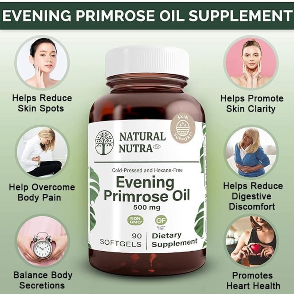 Natural Nutra Evening Primrose Oil Supplement, 500 mg, 90 Softgels | Nerve Health, Helps Reduce Skin Blemishes & Fatty Acid, Balance Body Secretions, Promote Heart Health, Skin Clarity