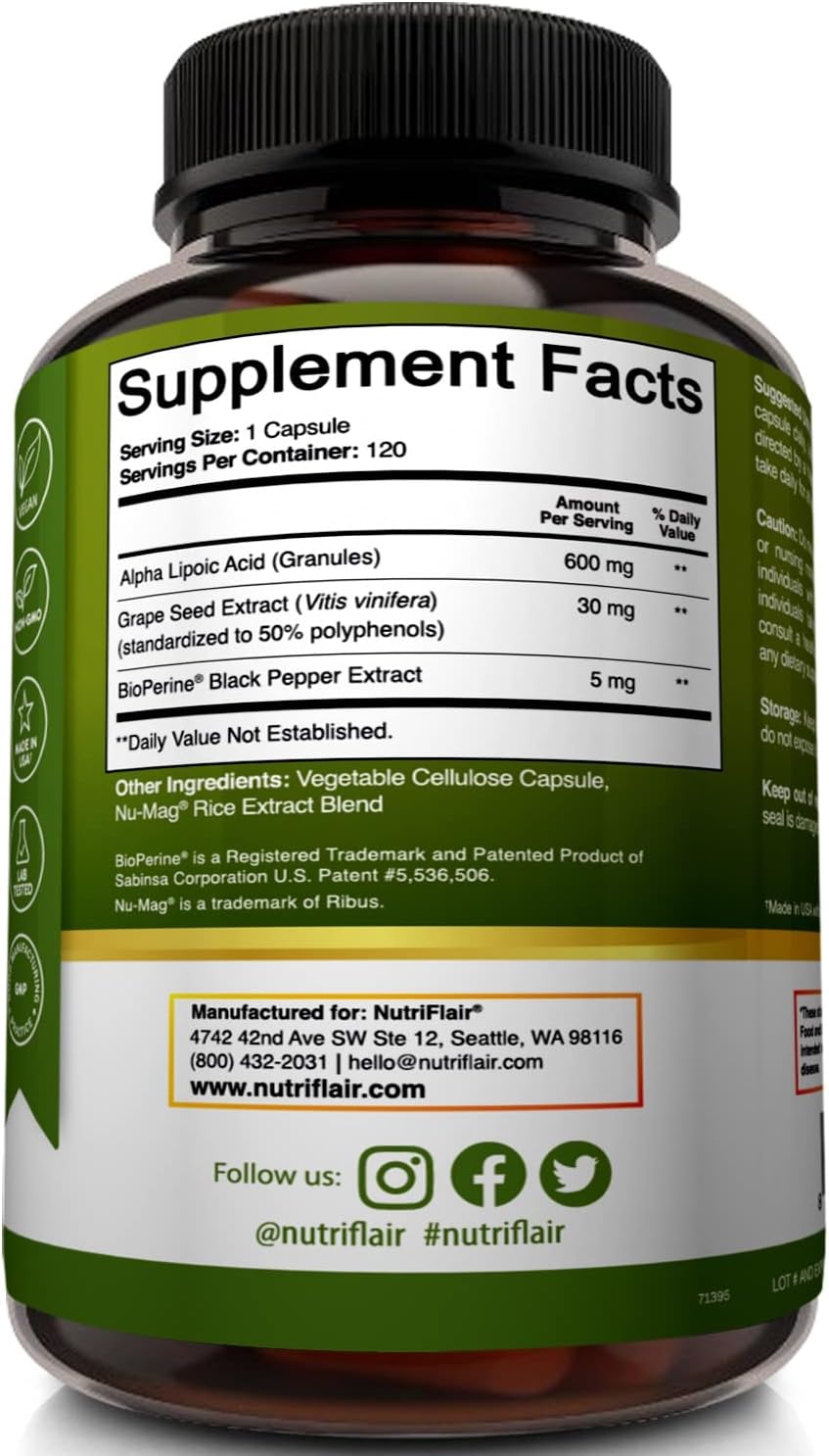 NutriFlair Alpha Lipoic Acid 600mg - with Grape Seed & BioPerine, 120 Caps