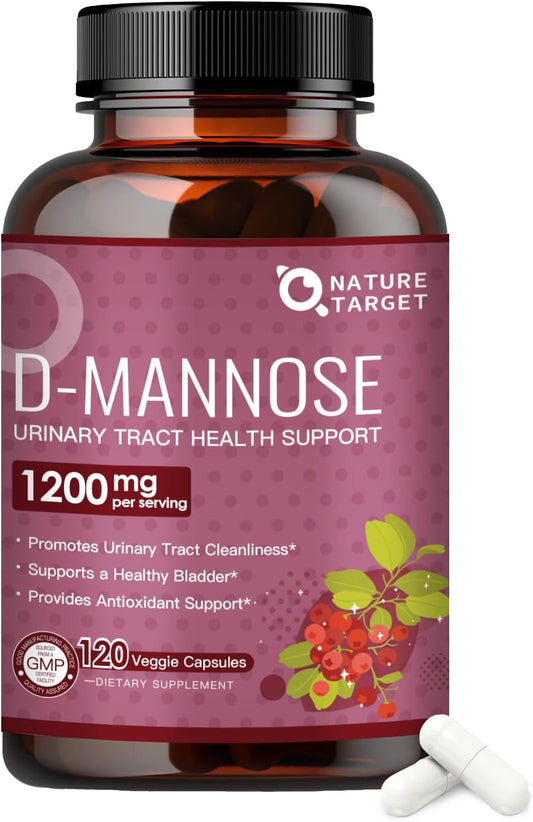 NATURE TARGET D-Mannose 1200mg Supplements with Cranberry - 120 Capsules | D Mannose for Women Promotes Urinary Tract Health, Bladder Cleanliness & Antioxidant Support - Non-GMO, Gluten-Free & Vegan