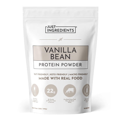 JUST INGREDIENTS Vanilla Bean Protein Powder – 20-Serving Blend with 100% Grass-Fed Whey & Organic Plant Proteins – Real Vanilla Bean & Cinnamon – Supports Muscle Recovery, Energy*
