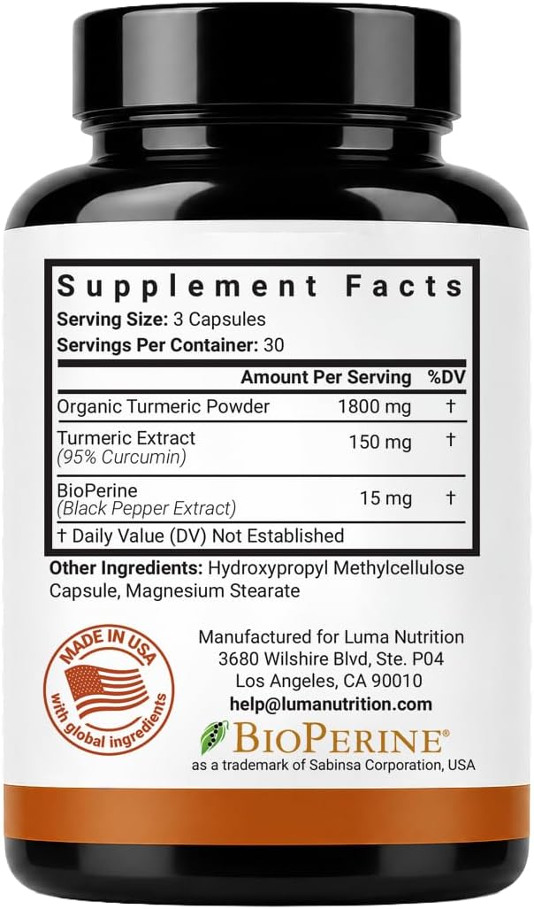 Luma Nutrition Turmeric Supplement Curcumin with Black Pepper - 90 Capsules