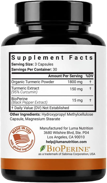 Luma Nutrition Turmeric Supplement Curcumin with Black Pepper - 90 Capsules