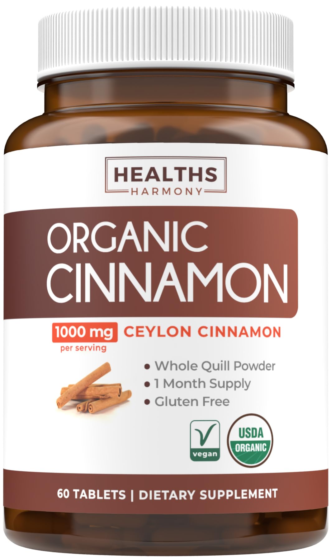 USDA Organic Ceylon Cinnamon Pills - High Potency Ceylon Cinnamon Supplement with 1000mg per Serving for Full Body Antioxidant Support - Vegan Non-GMO cGMP Made & Lab Verified (2 Months Supply)