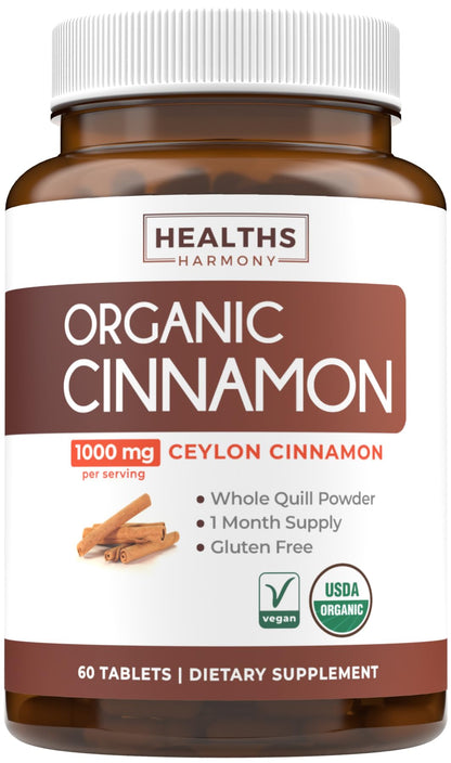 USDA Organic Ceylon Cinnamon Pills - High Potency Ceylon Cinnamon Supplement with 1000mg per Serving for Full Body Antioxidant Support - Vegan Non-GMO cGMP Made & Lab Verified (2 Months Supply)
