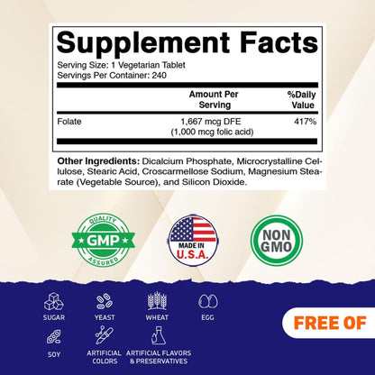 Vitamatic Folic Acid 1000 mcg (1 mg), 240 Vegetarian Tablets | Vitamin B9 | 1667 mcg DFE Folate, Support Healthy Cell Growth*, Red Blood Cell Formation*, Gluten Free, Non-GMO, Made in USA