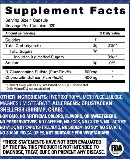 Basic Brands Move Pureflex Glucosamine Chondroitin, 120 Capsules | 500 mg Glucosamine Sulfate and 400 mg Chondroitin Sulfate, Made in USA