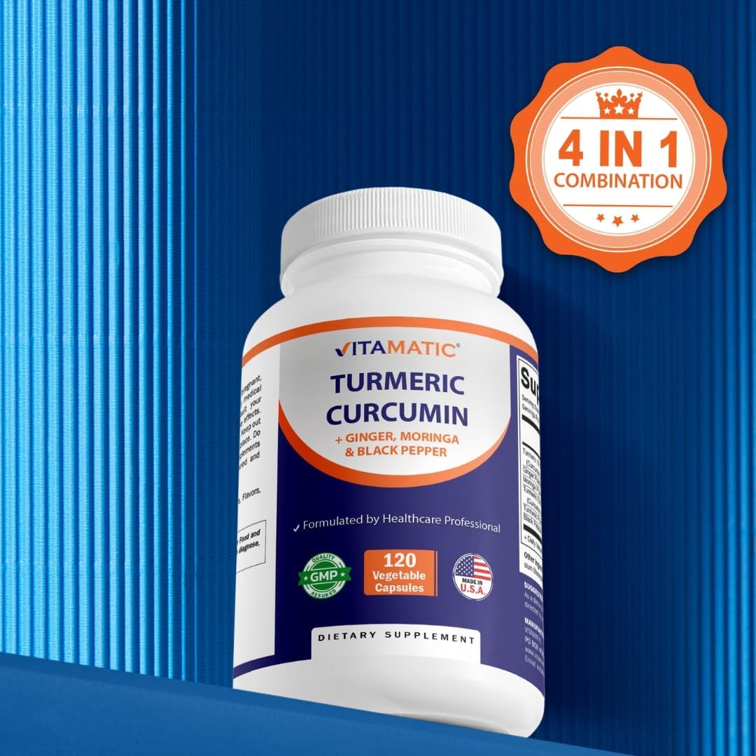 Vitamatic Turmeric Curcumin with Black Pepper, Ginger & Moringa – 120 Vegetarian Capsules