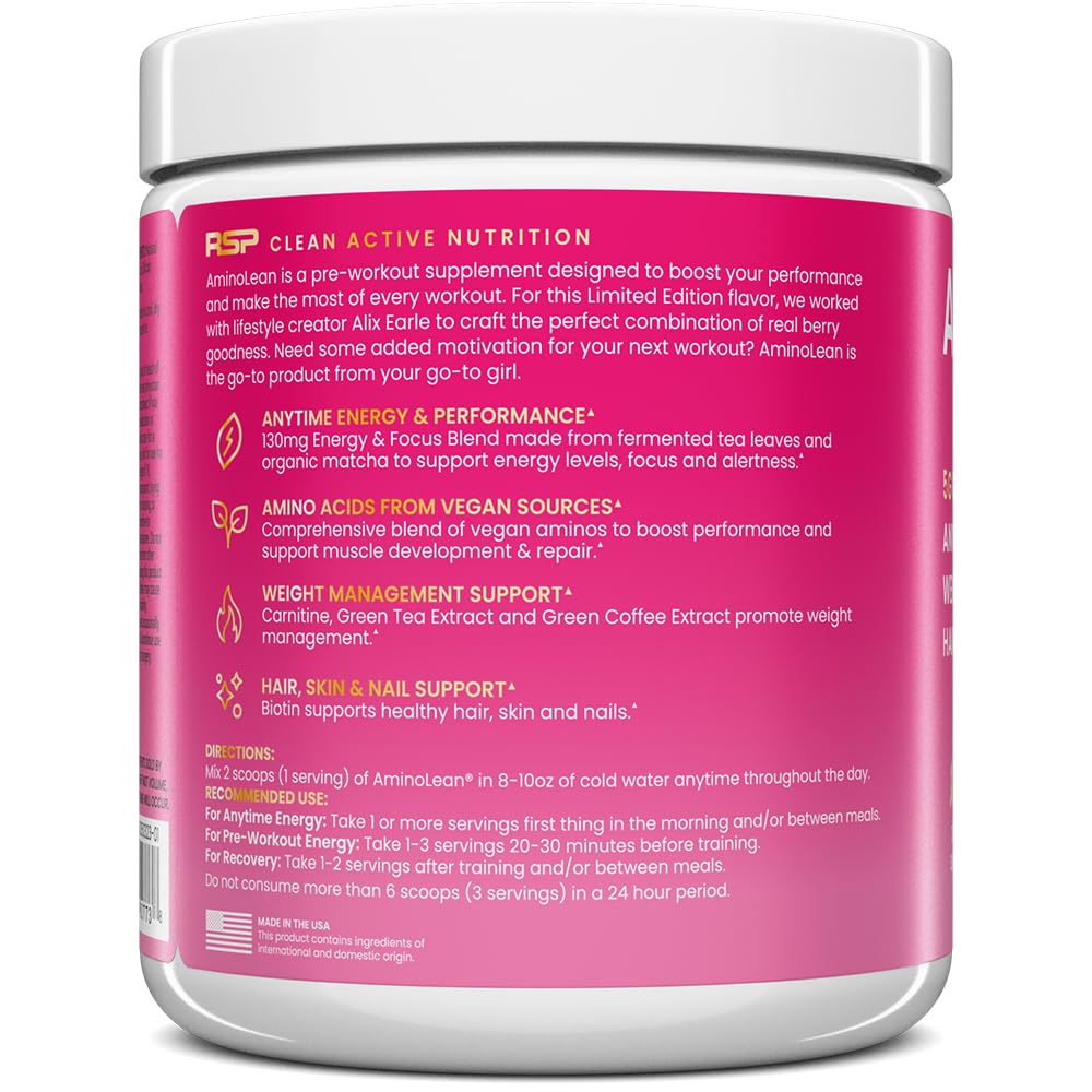 AminoLean Pre Workout Powder & Natural Amino Energy with Vegan BCAA + EAA | Jitter-Free Preworkout Energy from Green Tea + Amino Acids & Weight Management for Women & Men - Vegan, Zero Sugar, No Crash