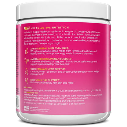 AminoLean Pre Workout Powder & Natural Amino Energy with Vegan BCAA + EAA | Jitter-Free Preworkout Energy from Green Tea + Amino Acids & Weight Management for Women & Men - Vegan, Zero Sugar, No Crash