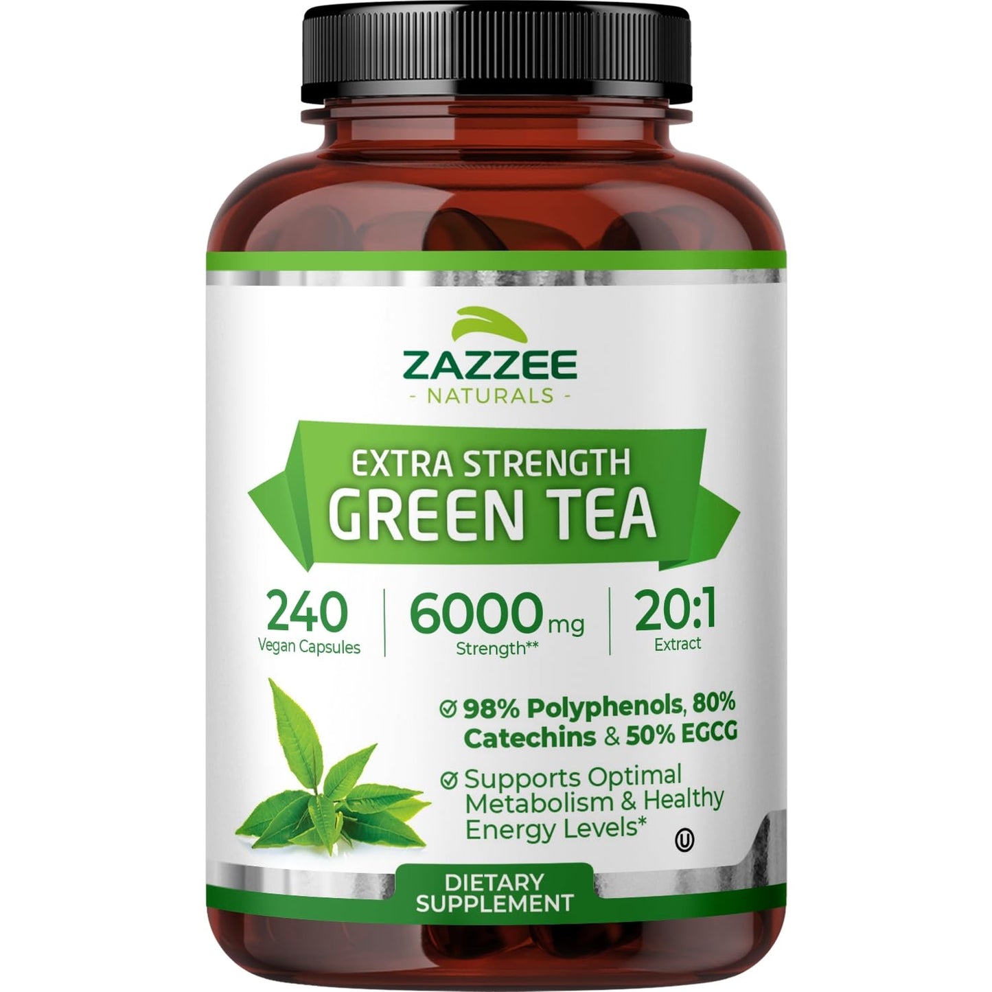 Zazzee Extra Strength Green Tea 20:1 Extract, 50% EGCG, 98% Polyphenols, 80% Catechins, 150 Vegan Capsules, 5 Month Supply, Certified Kosher, Antioxidant & Metabolism Support, Non-GMO, Made in the USA