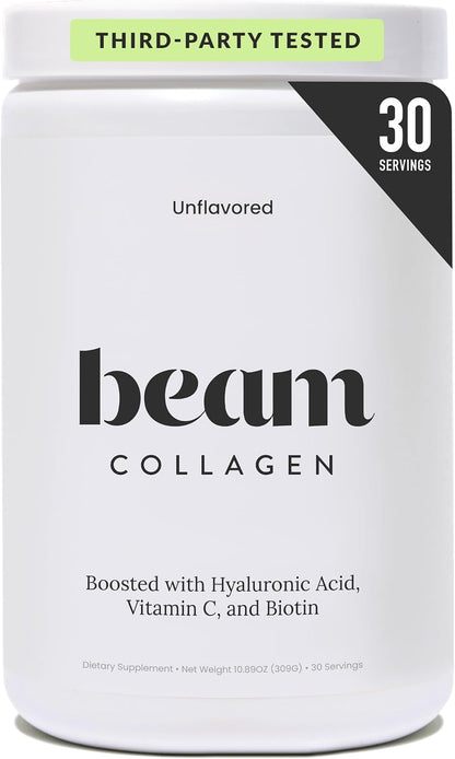 BEAM Collagen Powder, Collagen for Women, Collagen with Hyaluronic Acid, Collagen Peptides Type 1 and 3, with Biotin, Grass Fed Bovine, Third-Party Tested, Best for Coffee, Vitamin C, 30 Servings