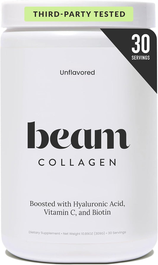 BEAM Collagen Powder, Collagen for Women, Collagen with Hyaluronic Acid, Collagen Peptides Type 1 and 3, with Biotin, Grass Fed Bovine, Third-Party Tested, Best for Coffee, Vitamin C, 30 Servings