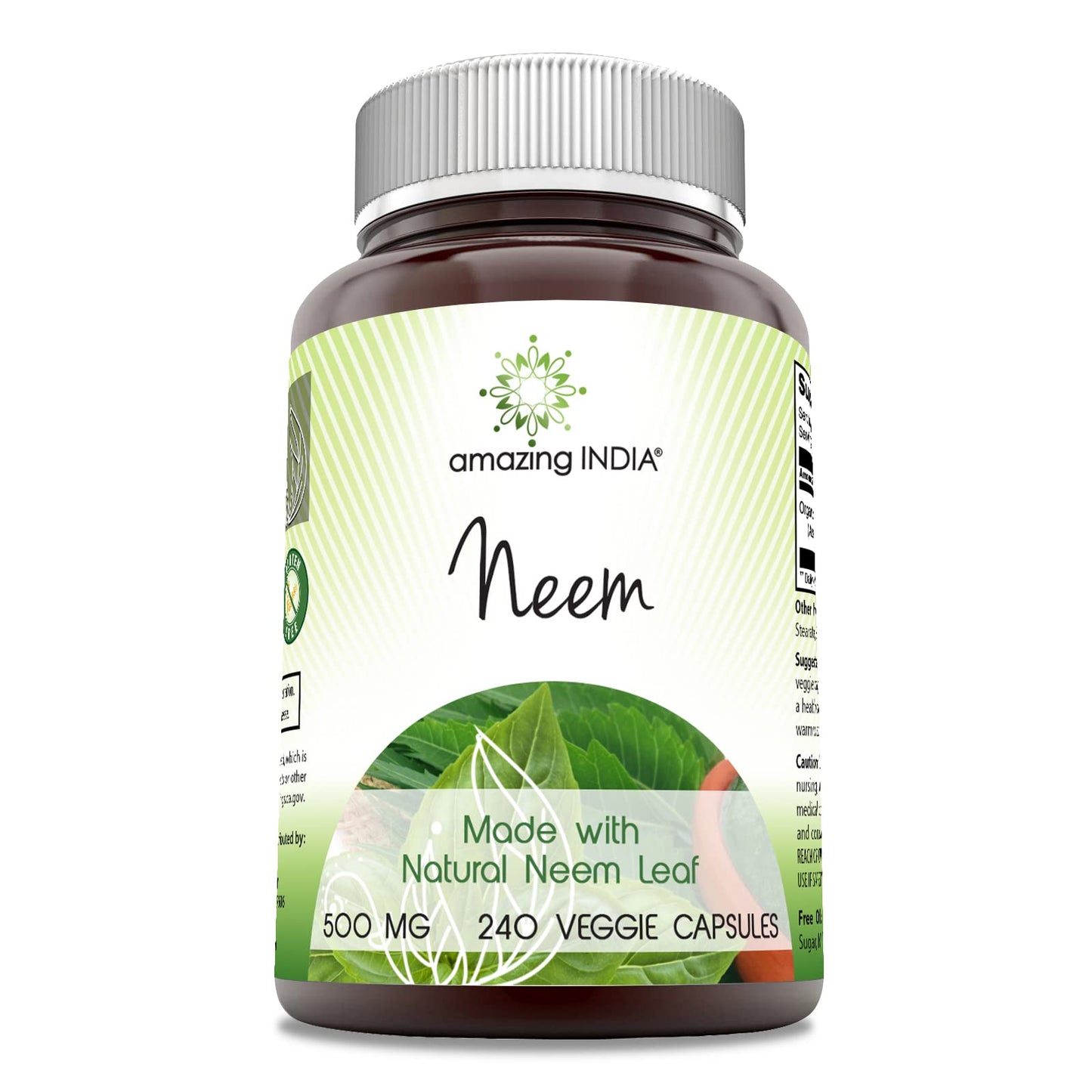 Amazing India Neem (Made with Natural Neem Leaf) 500 mg Veggie Capsules Supplement | Non-GMO | Gluten Free | Made in USA | Suitable for Vegetarians (240)