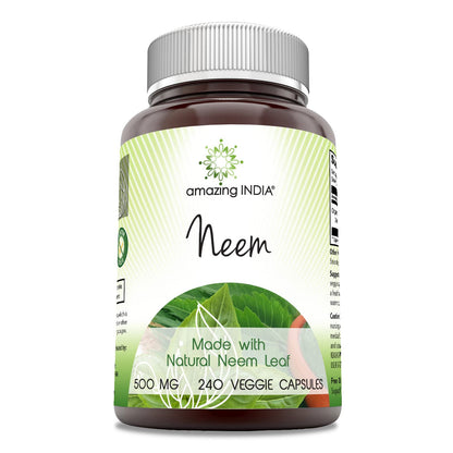 Amazing India Neem (Made with Natural Neem Leaf) 500 mg Veggie Capsules Supplement | Non-GMO | Gluten Free | Made in USA | Suitable for Vegetarians (240)
